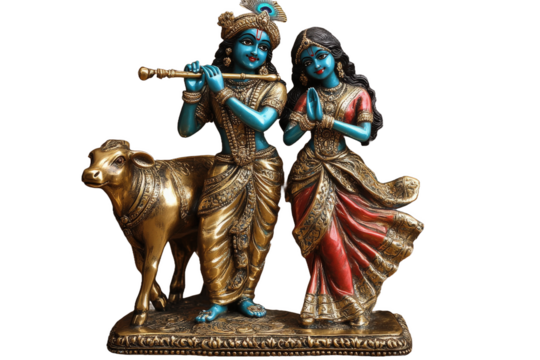 Bronze idols of Radha Krishna made from ancient collections with white background