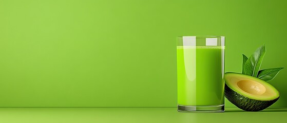 Refreshing avocado smoothie in a glass, next to a halved avocado and green leaves against a vibrant green background. Perfect for health, wellness, or food & beverage brands.