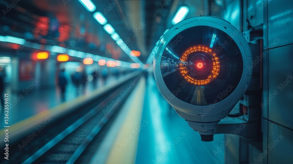 Poster A surveillance camera is positioned strategically in a busy subway station, overseeing commuters as they navigate through the bustling environment during rush hour.