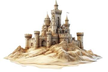 A Majestic Sandcastle, A Breathtaking Architectural Marvel Crafted With Meticulous Detail On A Pristine Beach, Showcasing Intricate Towers And A Grand Entrance Against A Bright, Clear Sky Isolated on