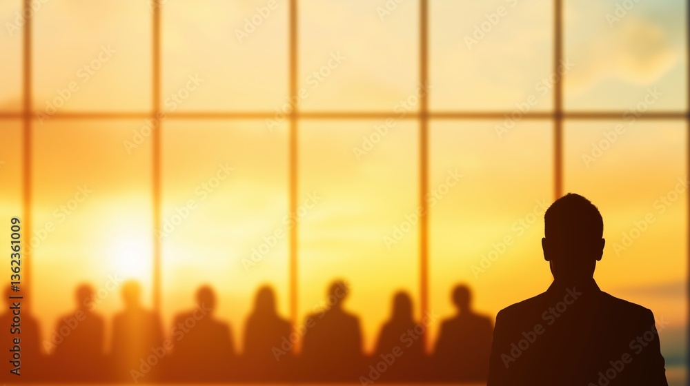 Aufkleber engaging business networking event with people in discussion against a sunset background