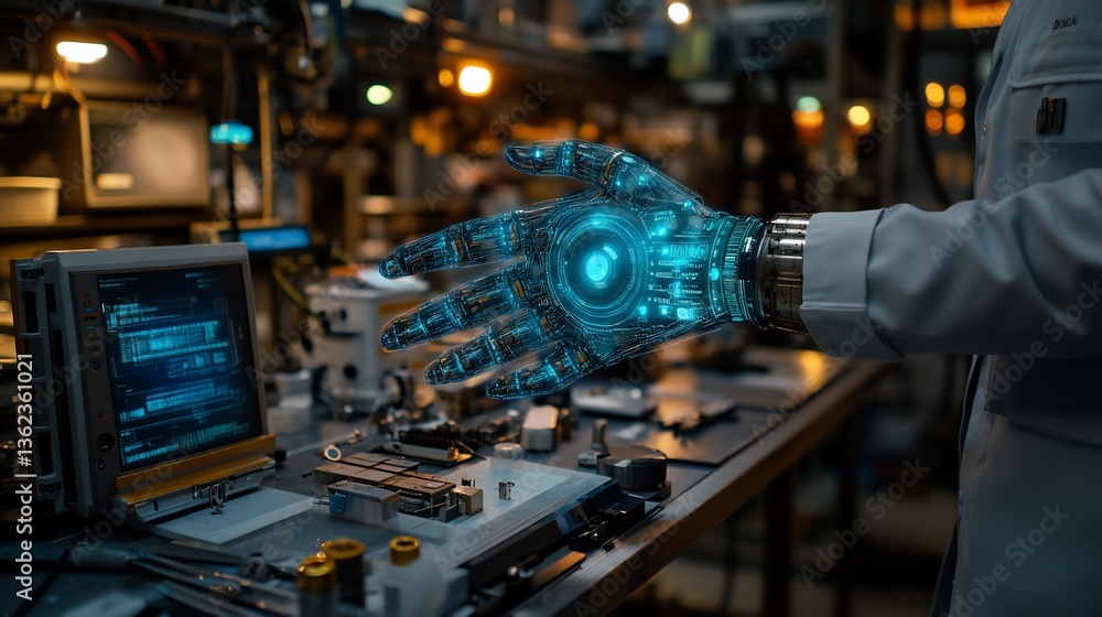 Poster futuristic robotic hand with glowing core in lab setting