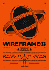 Wireframe retro poster. Black hole concept with futuristic elements, cyberpunk graphics and human data interface. Grunge sci-fi vector print © BonkiStudio