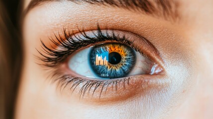 Fototapeta premium Beautiful Blue Eye Reflecting City Skyline, Emphasizing the Importance of Eye Health in Modern Life