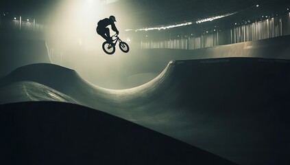 Bmx Rider Doing Jump at Skate Park with Dramatic Lighting