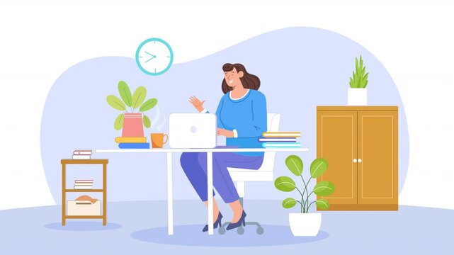 Working From Home Girl Freelancer 2 D Avtar Animation Scene looped