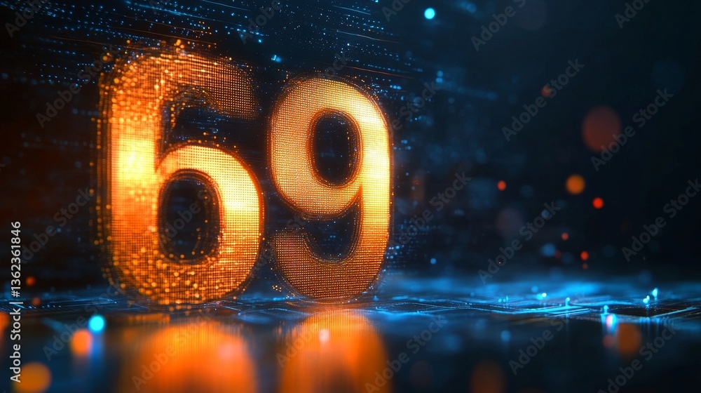 Poster futuristic glowing digital number 69 on abstract technology background with orange particles