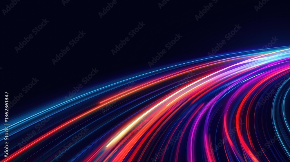 Poster futuristic digital network with high speed connection and colorful light trails on dark background