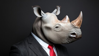 Fototapeta premium Anthropomorphic Rhinoceros in Suit, Animal Human Blend on Dark Background, Profile Portrait