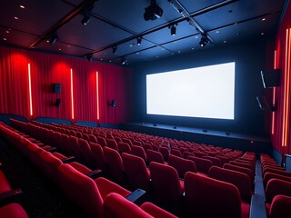 Modern movie theater with glowing screen and red seats, cinematic atmosphere, clean and tidy, perfect for film industry, advertising and entertainment projects