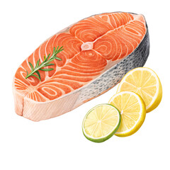 fresh salmon steak with lemon and parsley isolated on transparent background png