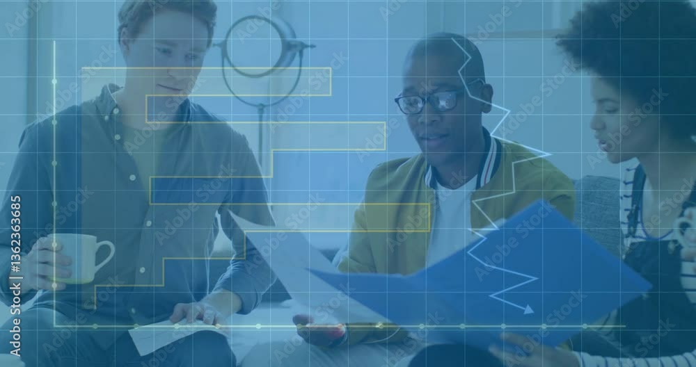 Poster analyzing documents, business team reviewing data with digital processing overlay