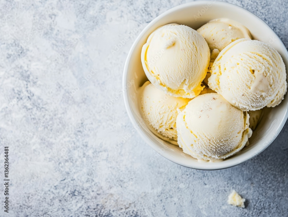 Poster five mini scoops of white ice cream lined up in clear glass bowl on frosty surface showing simplicit