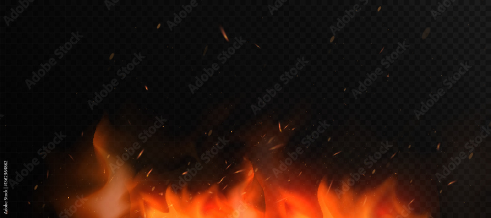 Aufkleber realistic fire flames with flickering sparks and smoke on a dark background. perfect for visual effe