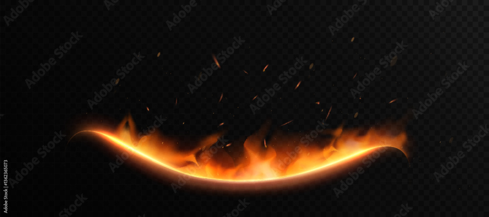 Aufkleber curved fire slash with glowing flames and flying sparks on transparent background. perfect for magic