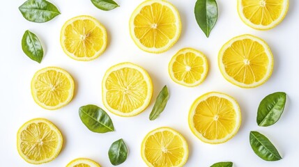 Fototapeta premium A close up of a bunch of lemon slices with green leaves in the background