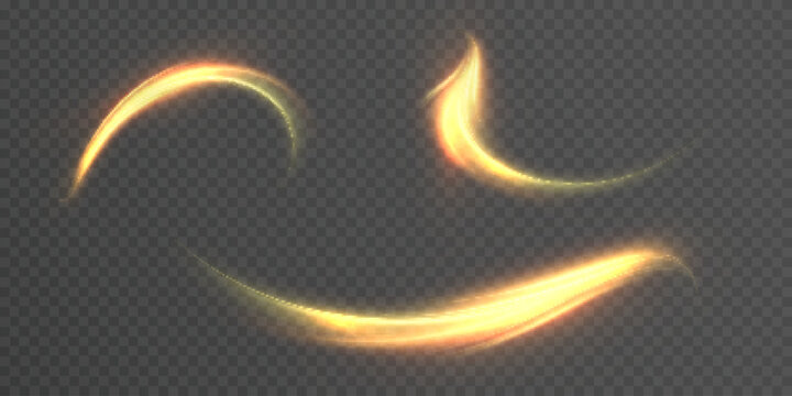 Set of glowing golden magic swirls and energy curves on transparent background. Perfect for fantasy spells, magic attacks, light trails or visual effects in animation and game design.