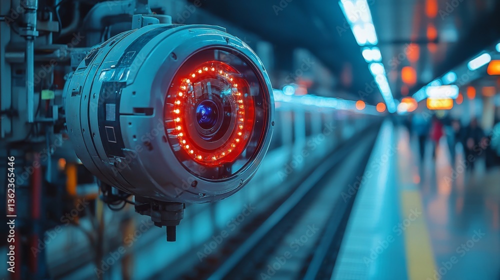Poster high tech surveillance camera monitors passenger activity at a busy urban train station during rush 