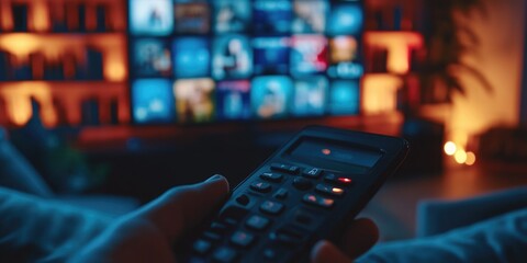 A person holding a remote control in front of a television, ideal for media and entertainment concepts