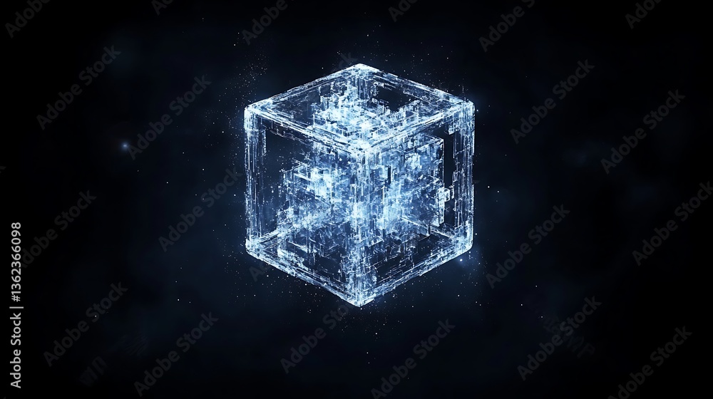 Poster a complex three dimensional illuminated cube floats against a dark background