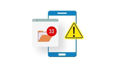 A mobile phone displays an email message notification with a counter number, alongside a triangle alert icon. urgent or high-priority messages, missed or important emails. 