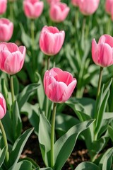 Obraz premium there are many pink tulips in a field of green leaves