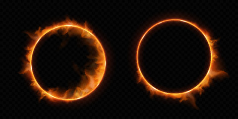 Fire ring, flaming circle, fire glow effect on black background. Vector