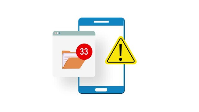 A mobile phone displays an email message notification with a counter number, alongside a triangle alert icon. urgent or high-priority messages, missed or important emails. 