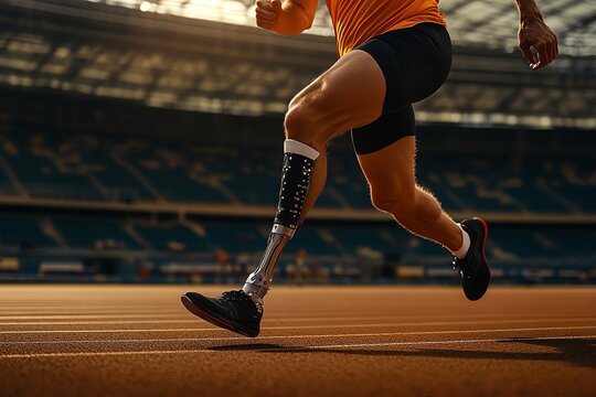 Athlete with Prosthetic Leg Running on Track During Sunny Day