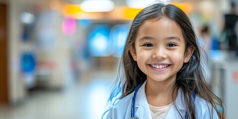 Obraz premium Portrait of Adorable Young Girl Dressed as Doctor Smiling, Future Medical Professional Concept
