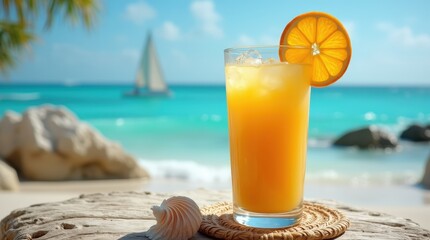 Obraz premium Refreshing orange drink served on a beachside table with a sailboat in the background