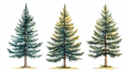 Obraz premium Watercolor pine trees background. Banner with hand painted evergreen forest Snow winter wonderland illustration. Watercolor winter evergreen pine tree isolated on a white background