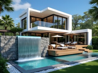 Modern two-story house with stone and white exterior, large glass windows, wooden deck, translucent waterfall pool, lush green landscaping, palm trees and tropical outdoor seating