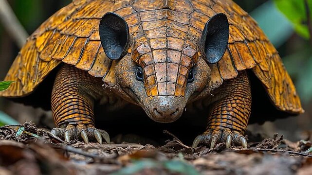 Close-up of a vibrant tortoise in a lush forest setting, showcasing its unique shell and surrounding greenery
