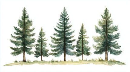 Obraz premium Watercolor pine trees background. Banner with hand painted evergreen forest Snow winter wonderland illustration. Watercolor winter evergreen pine tree isolated on a white background