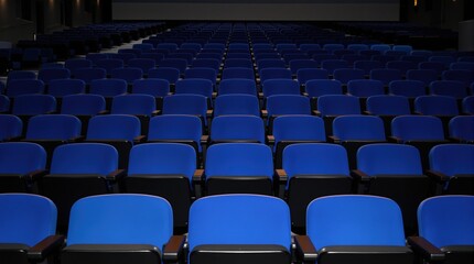 Fototapeta premium Rows of blue seats in an empty auditorium awaiting a presentation or performance