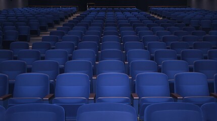Naklejka premium Empty blue theater seats arranged in neat rows, awaiting the audience for an event