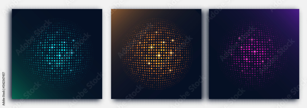Aufkleber Set of three glowing dot spheres with colorful gradient lighting on a dark background. Used in digital interfaces, data visualization, futuristic graphics, or abstract technology presentations.