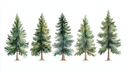 Obraz premium Watercolor pine trees background. Banner with hand painted evergreen forest Snow winter wonderland illustration. Watercolor winter evergreen pine tree isolated on a white background