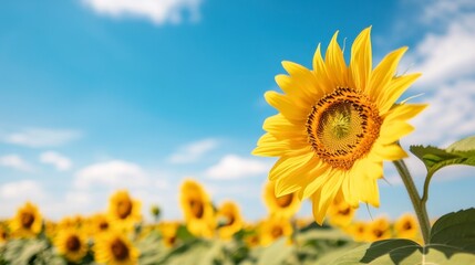 Obraz premium Sunflower Symphony: A bright field of sunflowers reaches towards the radiant blue sky, embodying joy and the vibrant energy of nature.