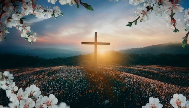 Un campo de flores y un sol naciente enmarcan una cruz distante, simbolizando el renacimiento espiritual y la Resurrecci&oacute;n