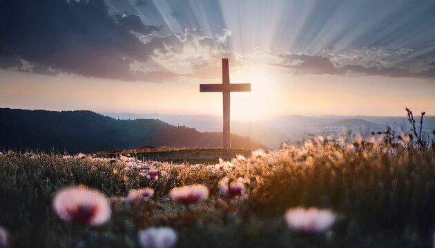 Un campo de flores y un sol naciente enmarcan una cruz distante, simbolizando el renacimiento espiritual y la Resurrecci&oacute;n