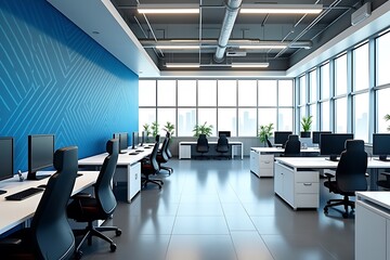 Spacious Open-Plan White and Blue Office Interior with Desks