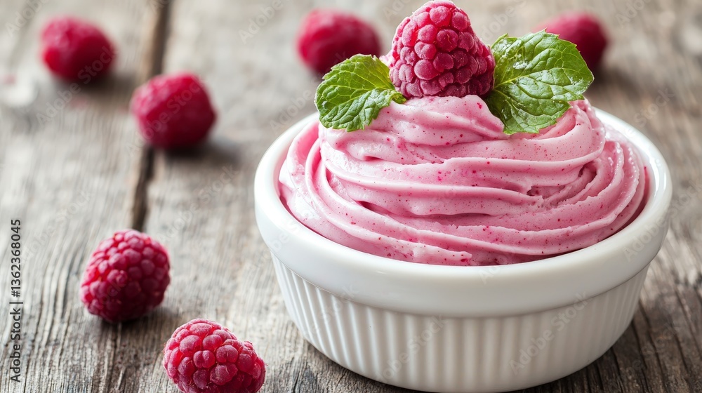 Poster raspberry swirl dessert with piped texture placed on wooden surface with scattered fresh berries in 