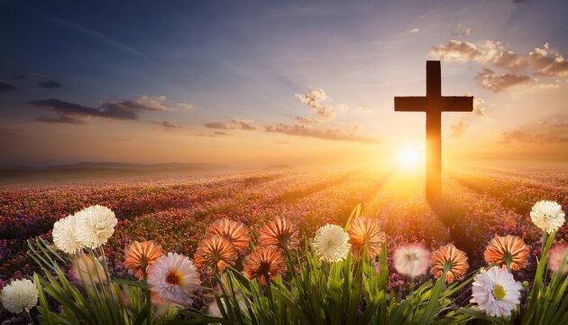 Un campo de flores y un sol naciente enmarcan una cruz distante, simbolizando el renacimiento espiritual y la Resurrección