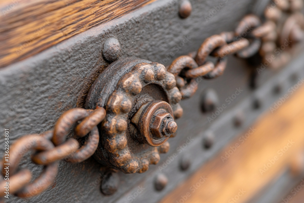 Poster rusty gears and chains on industrial machinery create a chaotic yet intriguing visual display in a w