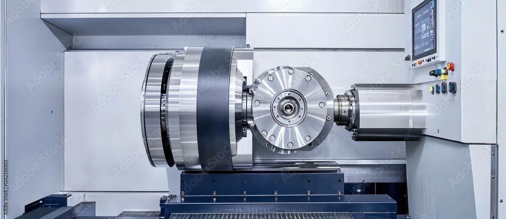 Poster high precision cnc machine in action, showcasing advanced engineering technology and intricate metal