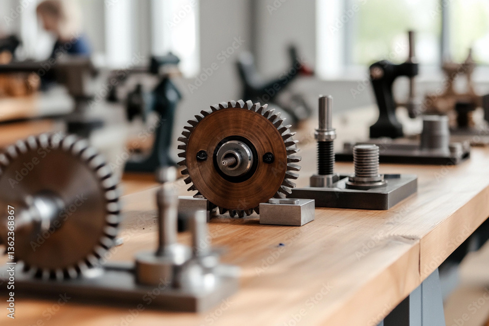 Poster heavy machinery components on display in manufacturing workshop showcasing precision engineering and
