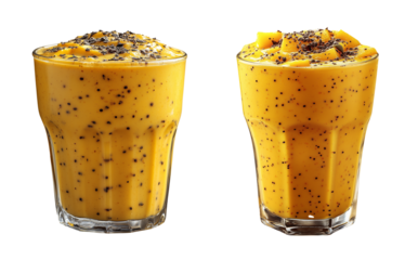 Delight in two refreshing glasses of vibrant mango lassi, topped with mango pieces and sprinkle of seeds, perfect for sunny day