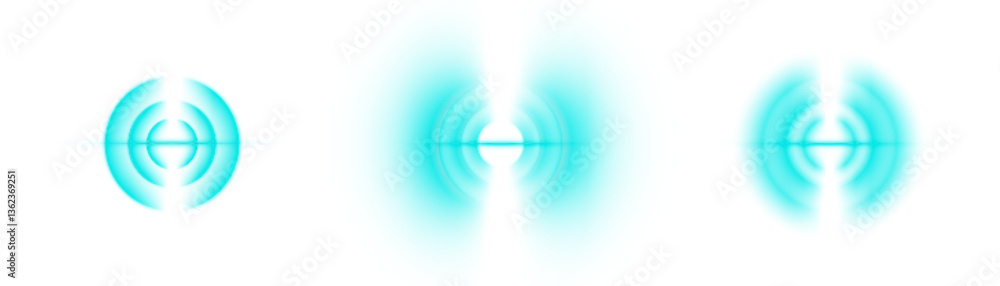 Aufkleber set of glowing radial waves in blue neon style on white background. perfect for sound pulses, radar 